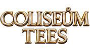 The text 'COLISEUM TEES' is displayed in large, metallic gold and silver 3D letters on a plain white background.